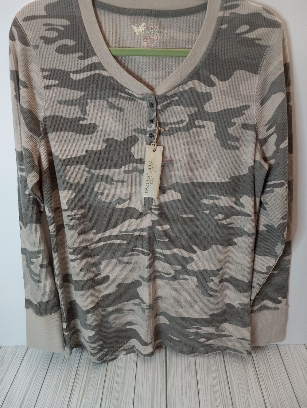 Natural Reflections Waffle Knit Henley Camouflage Long Sleeve Thermal Top